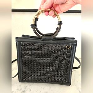Vintage Aldo Handbag Crossbody Black Boho Faux Leather Rattan Round Gold Handles
